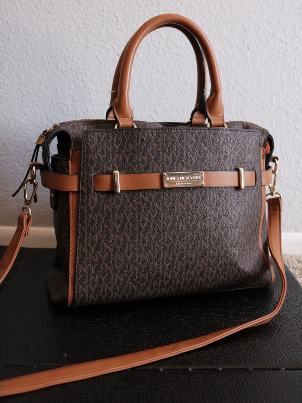 Jones New York Signature Brown Monogram Satchel Crossbody Bag Structured Handbag